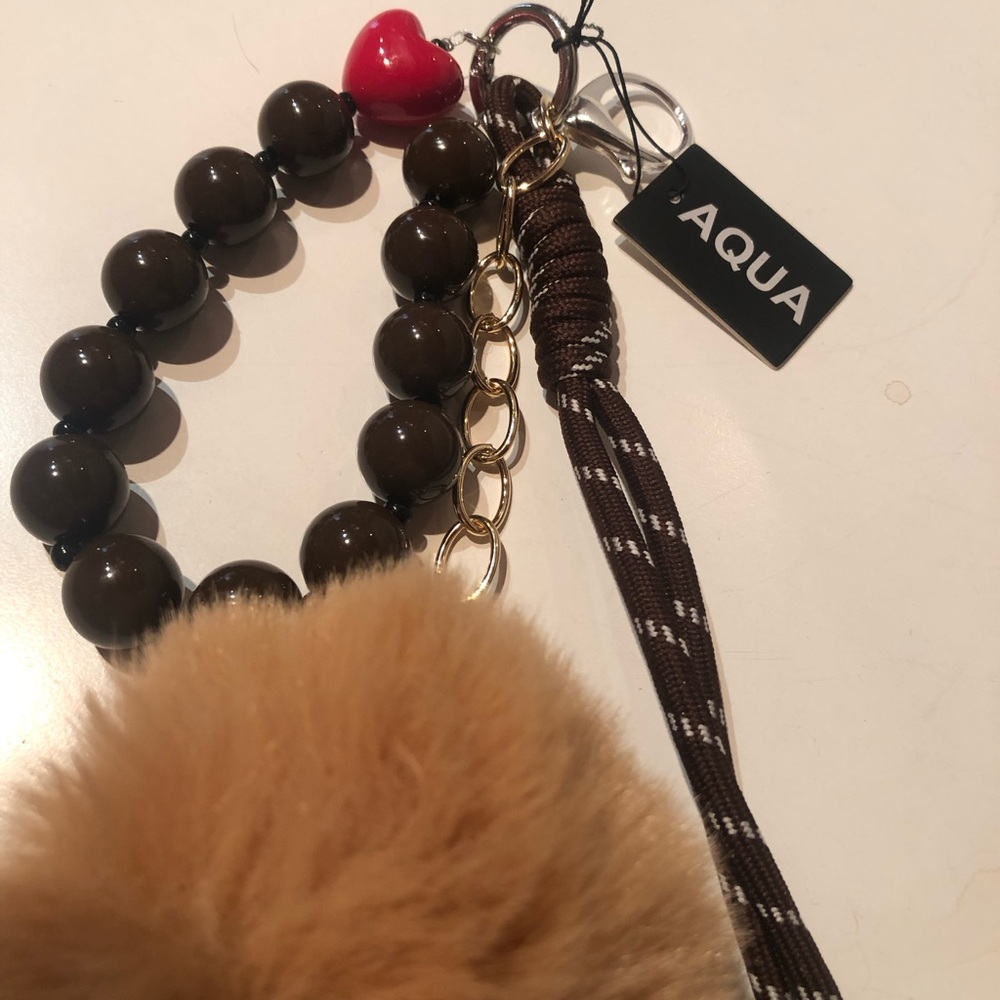 NWT Bloomingdale’s Aqua Brown Beaded Handbag Charm w/ Red Heart Charm/Camel Pom